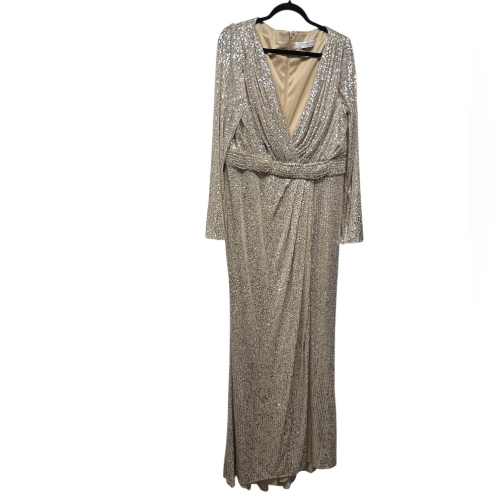 Long Sleeve Silver Sequin Wrap Gown with High Slit - Picture 5 of 8
